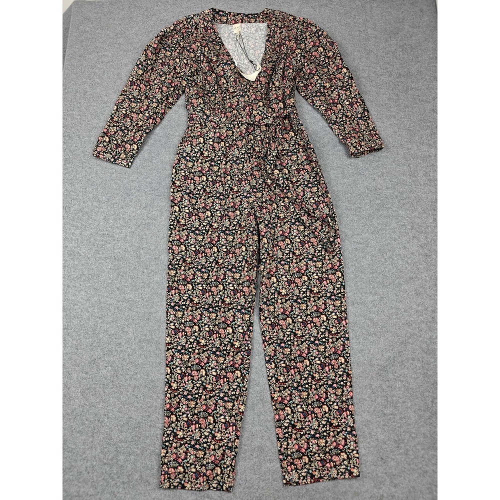 La Vie Rebecca Taylor Jumpsuit Womens M Black Floral Long Sleeve Wrap Belted
